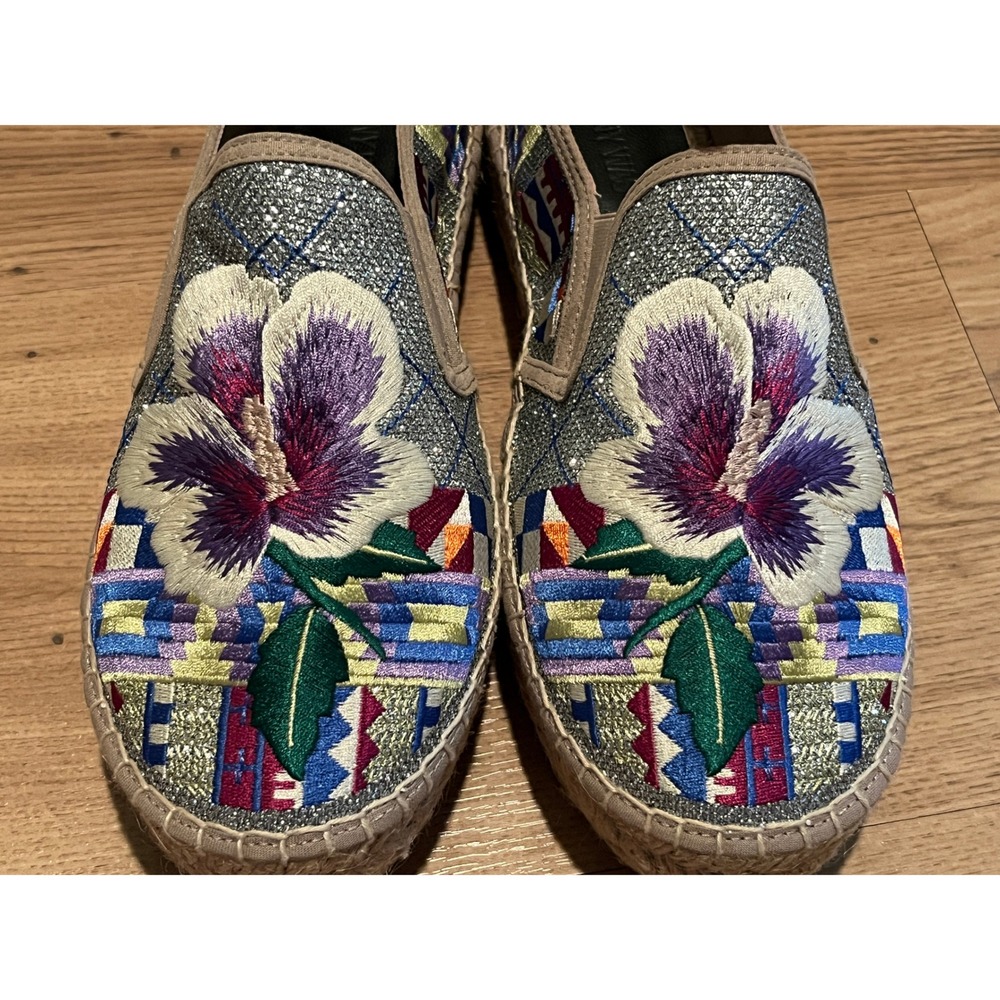 Johnny Was Madrid Espadrille Womens 9.5 Silver Multi Floral Embroidered Metallic - Picture 8 of 16